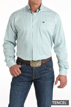 Cinch Men's Long Sleeve Stripe Green & White Shirt