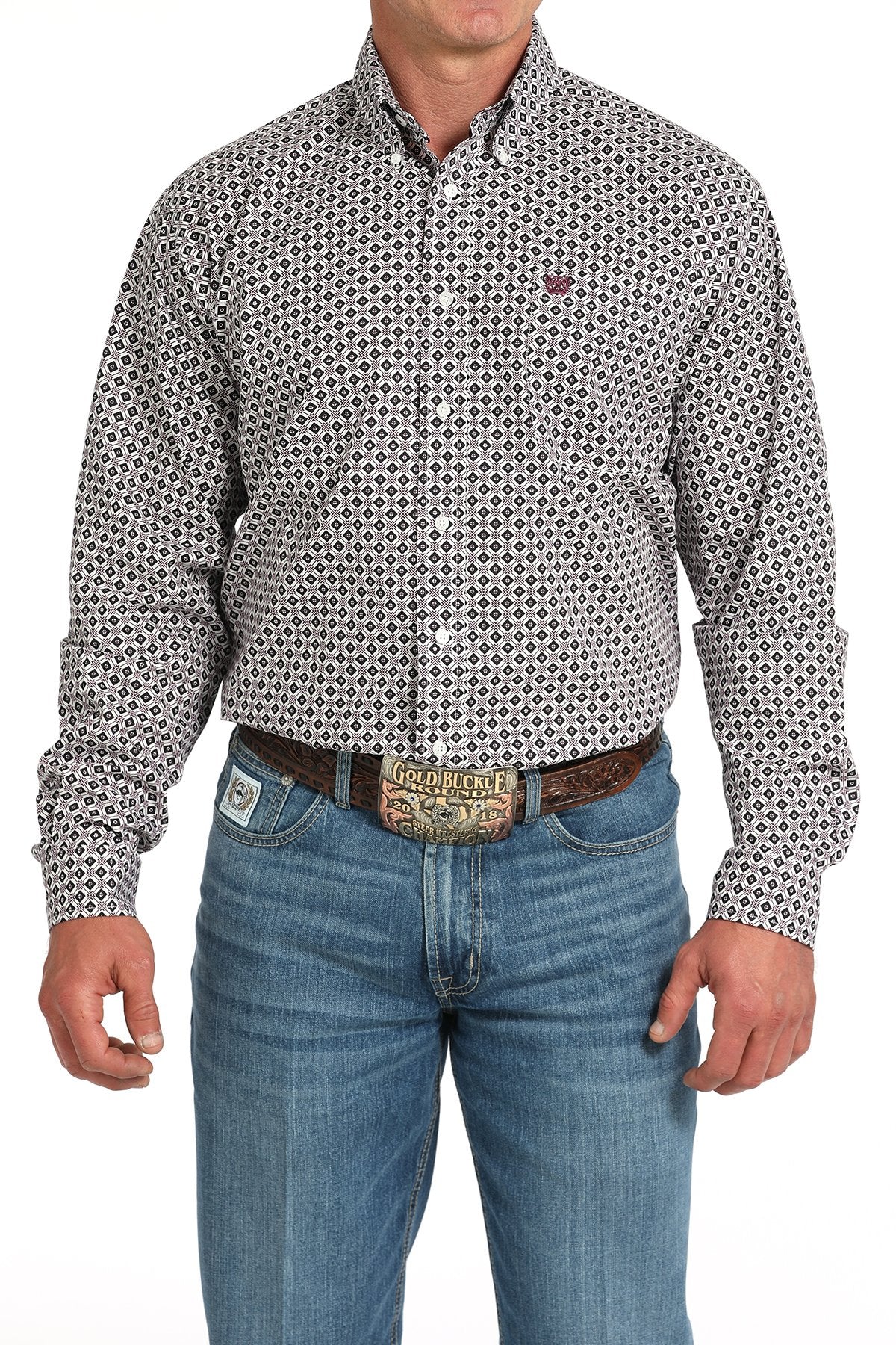 Cinch Men's Diamond Print Button-Down Long Sleeve Western Shirt - White