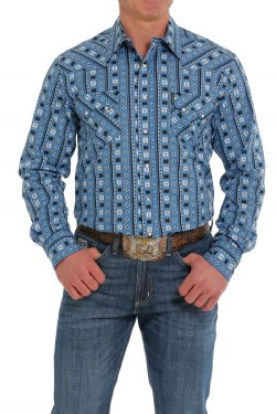 Cinch Men's Long Sleeve Shirt - Modern Fit - Blue Southwestern Print