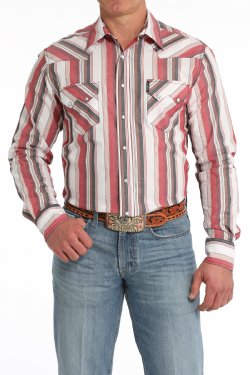 Cinch Men's Long Sleeve Modern Fit Shirt in Red & White Stripe