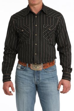 Cinch Men's Long Sleeve Modern Fit Vintage Stripe Snap Front Western Shirt - Black