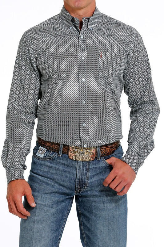 Cinch Men's Long Sleeve Shirt - Modern Fit - Geometric Print Light Blue & Brown