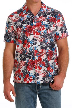 Cinch Men's Short Sleeve Shirt - Hawaiian Print Red, White & Blue