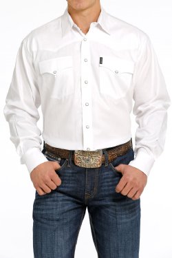 Cinch Men's Long Sleeve White Herringbone Pearl Snap Shirt