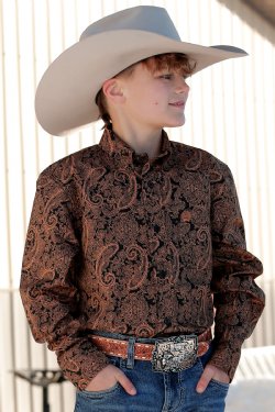 Cinch Boy’s Long Sleeve Shirt - Black & Gold Paisley