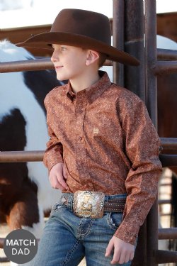 Cinch Boy's Long Sleeve Paisley Print Button-Down Western Shirt - Brown