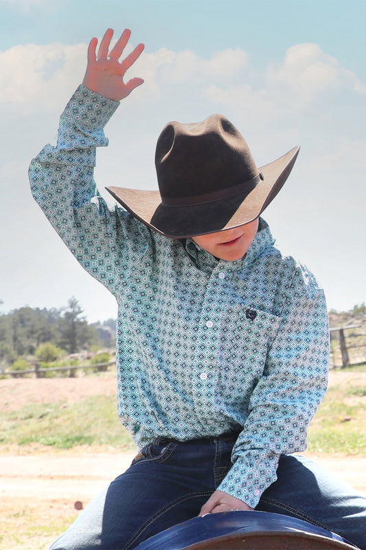 Cinch Boy's Geometric Print Button-Down Western Shirt - Turquoise