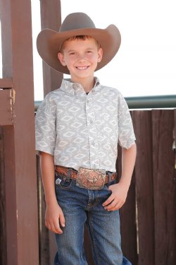 Cinch Boy's Short Sleeve Arenaflex Shirt Grey & White Southwestern Print