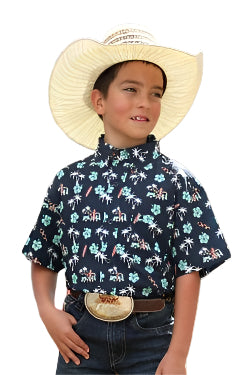 Cinch Boy's Short Sleeve Palm Tree Print Button-Down Shirt - Navy