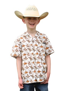 Cinch Boy's Short Sleeve Bron-A-Saurus Camp Shirt - Cream