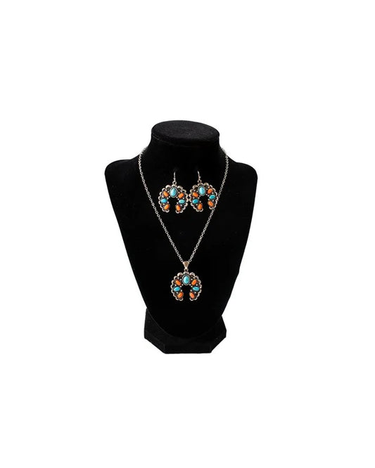 Silver Strike Turquoise and Orange Stone Squash Blossom Jewelry Set