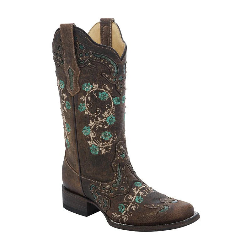 Corral Women's Brown Square Toe Western with Turquoise Floral Embroidery and Studs Boots