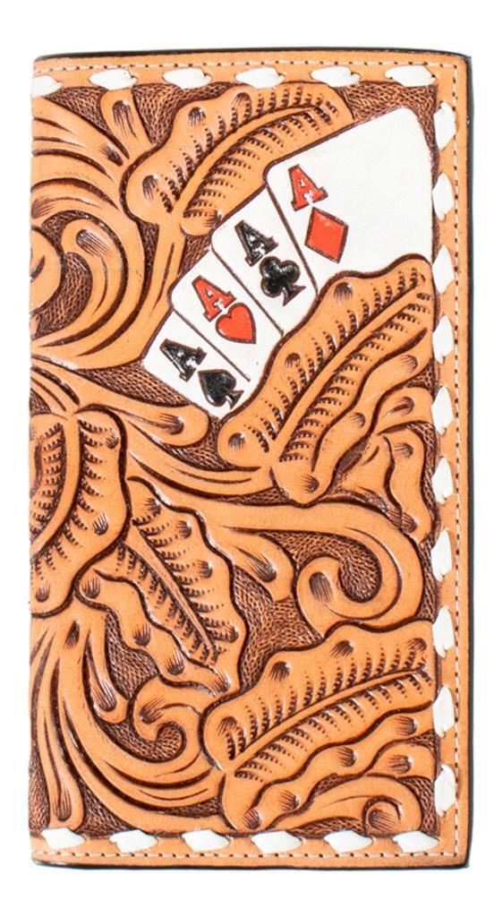 3-D Western Mens Wallet Rodeo Leather Tooled Hand Painted Ace Cards
