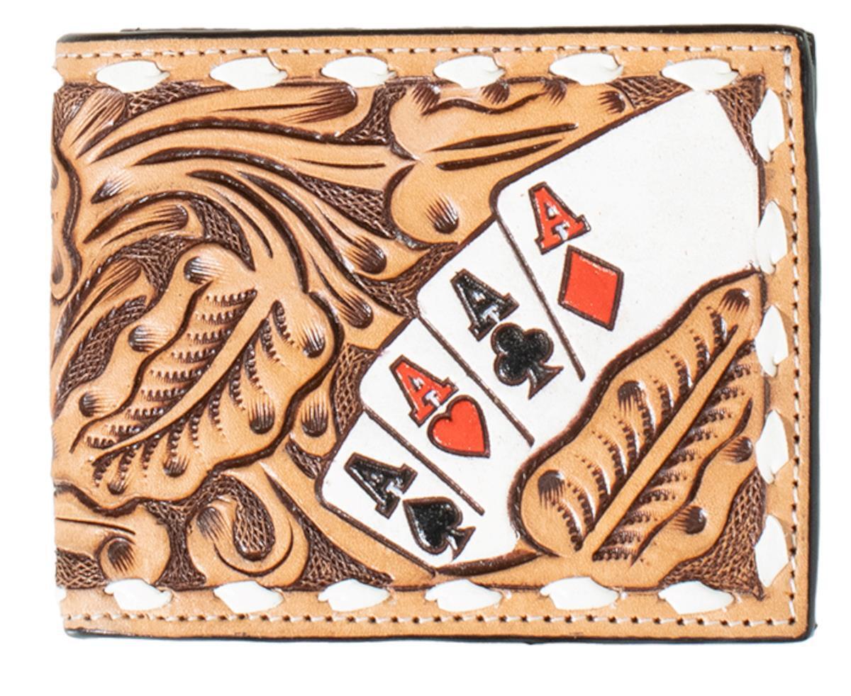3-D Western Mens Bi-Fold Wallet Leather Tooled Hand Painted Ace Cards