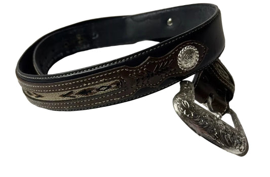 Nocona Belts - Black with Conchos and Small Aztec Pattern on Back