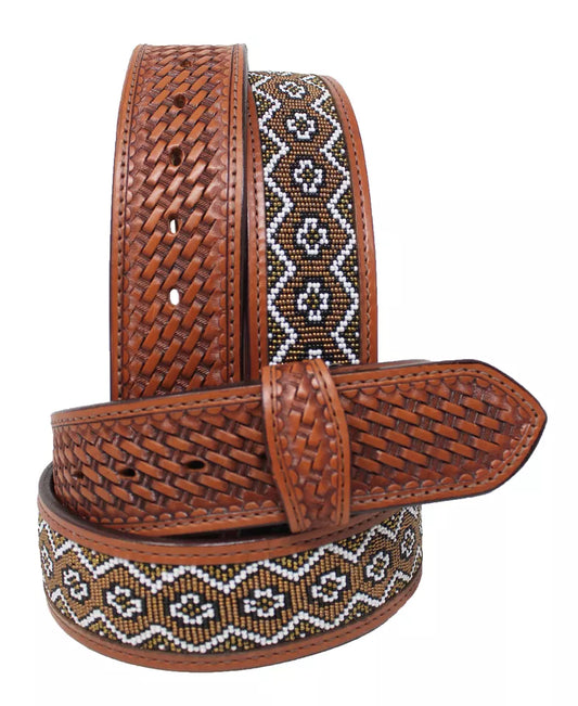 Challenger Western Handmade Brown Beaded Basket Weave Tooled Leather Belt