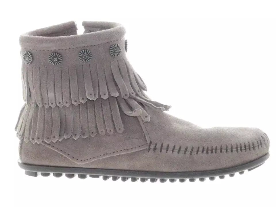 Minnetonka Women's Double Fringe Side Zip Grey Booties