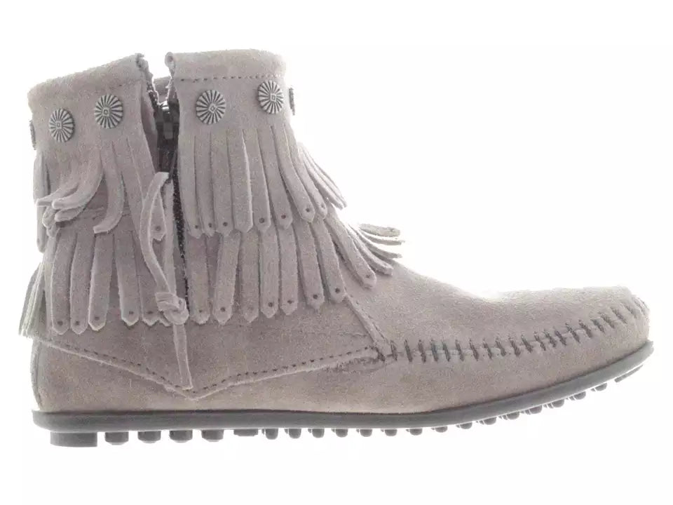 Minnetonka Women's Double Fringe Side Zip Grey Booties