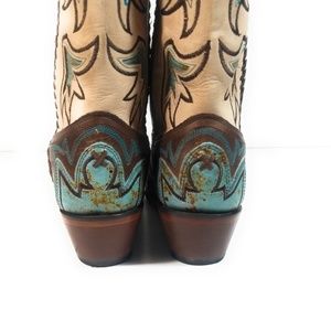 Tony Lama Women's Embroidered Cowboy Boots in Brown, Tan & Teal with Snip Toe