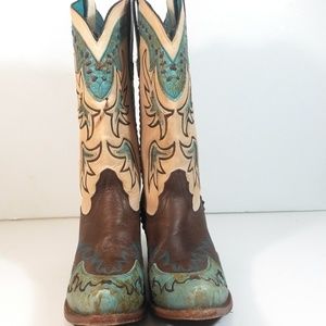 Tony Lama Women's Embroidered Cowboy Boots in Brown, Tan & Teal with Snip Toe