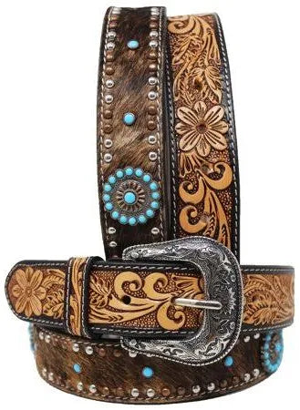 Challenger Western Horsehair Rodeo Floral Tooled Leather Belt 1 1/2" Wide