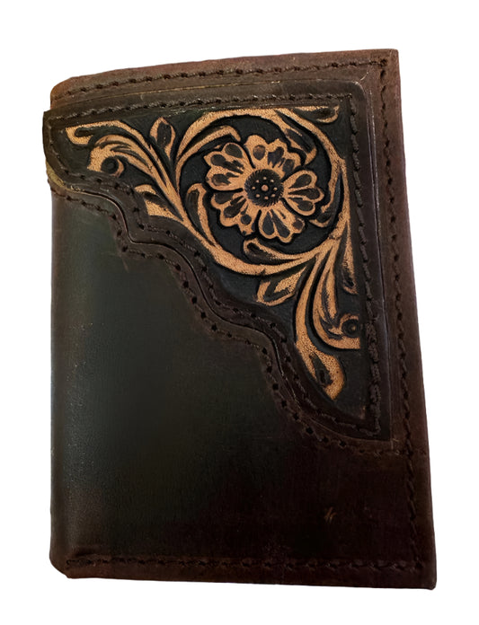 Challenger Western Brown Leather Tri-Fold Wallet with Tooling Detail in Corner