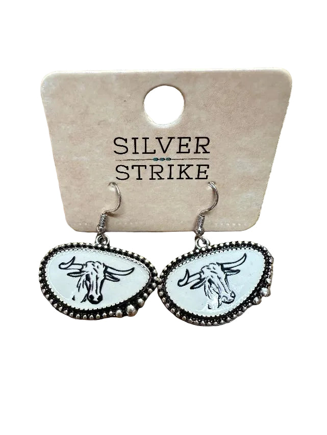 Silver Strike Bead Edge Cow Earrings