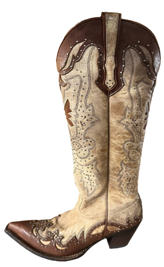 Johnny Ringo Women's Snip Toe Brown & Tan with Studs and Overlay Boots