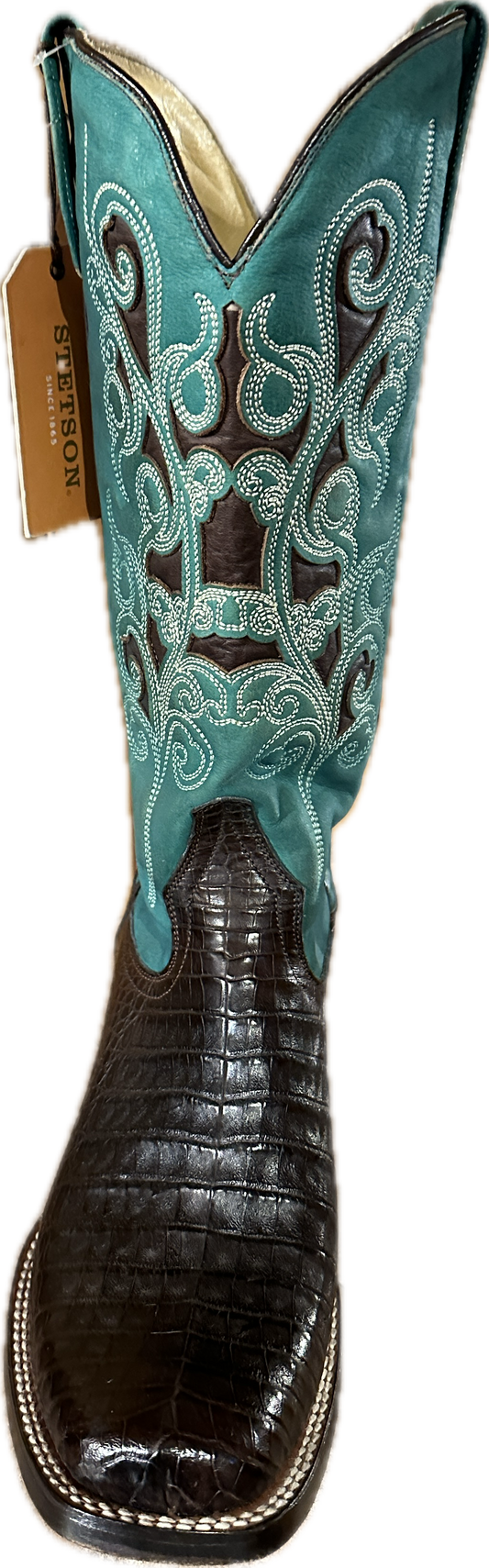 Stetson Women's Square Toe Genuine Brown Caiman Boots with a Green Shaft