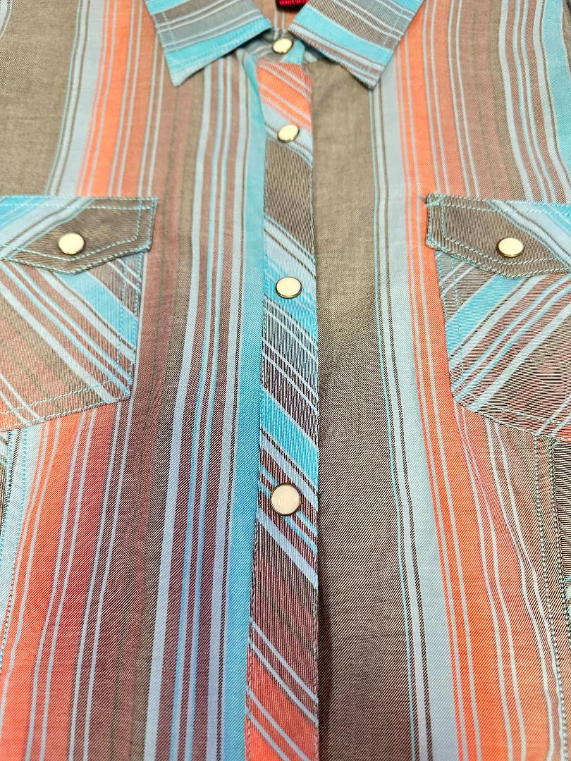 Rock&Roll Cowgirl Women's Long Sleeve Snap Shirt - Brown, Coral & Turquoise Stripe