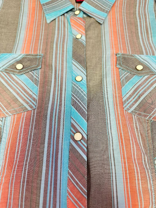 Rock&Roll Cowgirl Women's Long Sleeve Snap Shirt - Brown, Coral & Turquoise Stripe