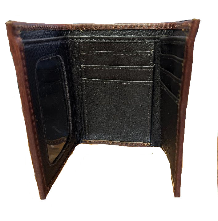 Challenger Western Brown Leather Tri-Fold Wallet with Tooling Detail in Corner