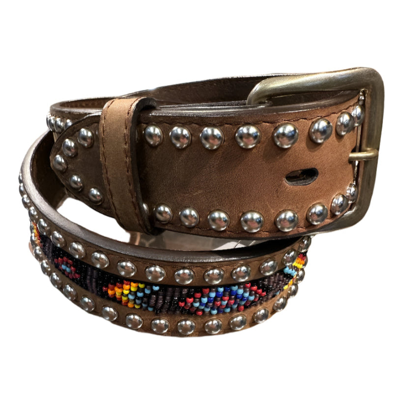 3-D Belts - Beaded & Studded Brown Leather Belt with Beading