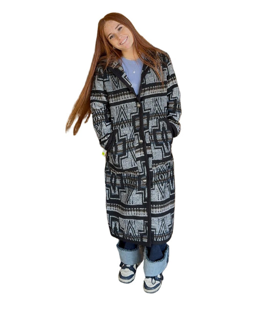 Cripple Creek Women's Button Front Navajo Blanket Duster with Hood