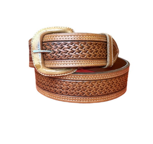 Vogt Tooled Basket Pattern Russet Straight Belt