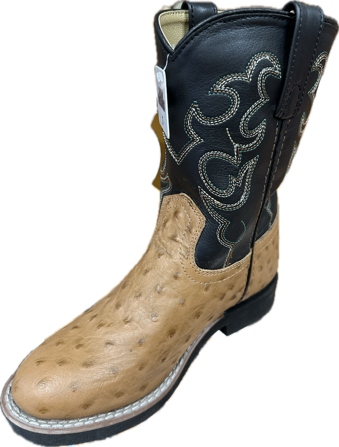 Smoky Mountain Children's Tan Ostrich Print Boots with Black Shaft with Stitching