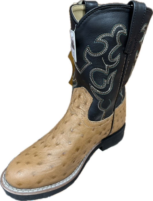 Smoky Mountain Children's Tan Ostrich Print Boots with Black Shaft with Stitching