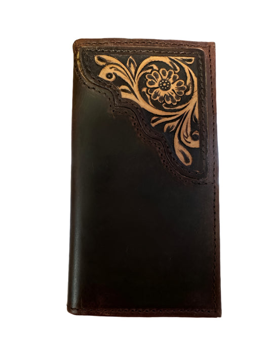 Challenger Western Brown Leather Rodeo Wallet with Tooling Detail in Corner