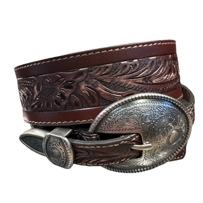 Angel Ranch Belt Brown Leather Tooled with Concho Buckles