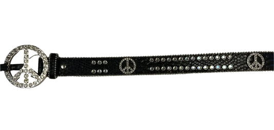 Nocona Belt - Rhinestone Peace Sign Buckle with Rhinestones on Black Alligator Print Leather