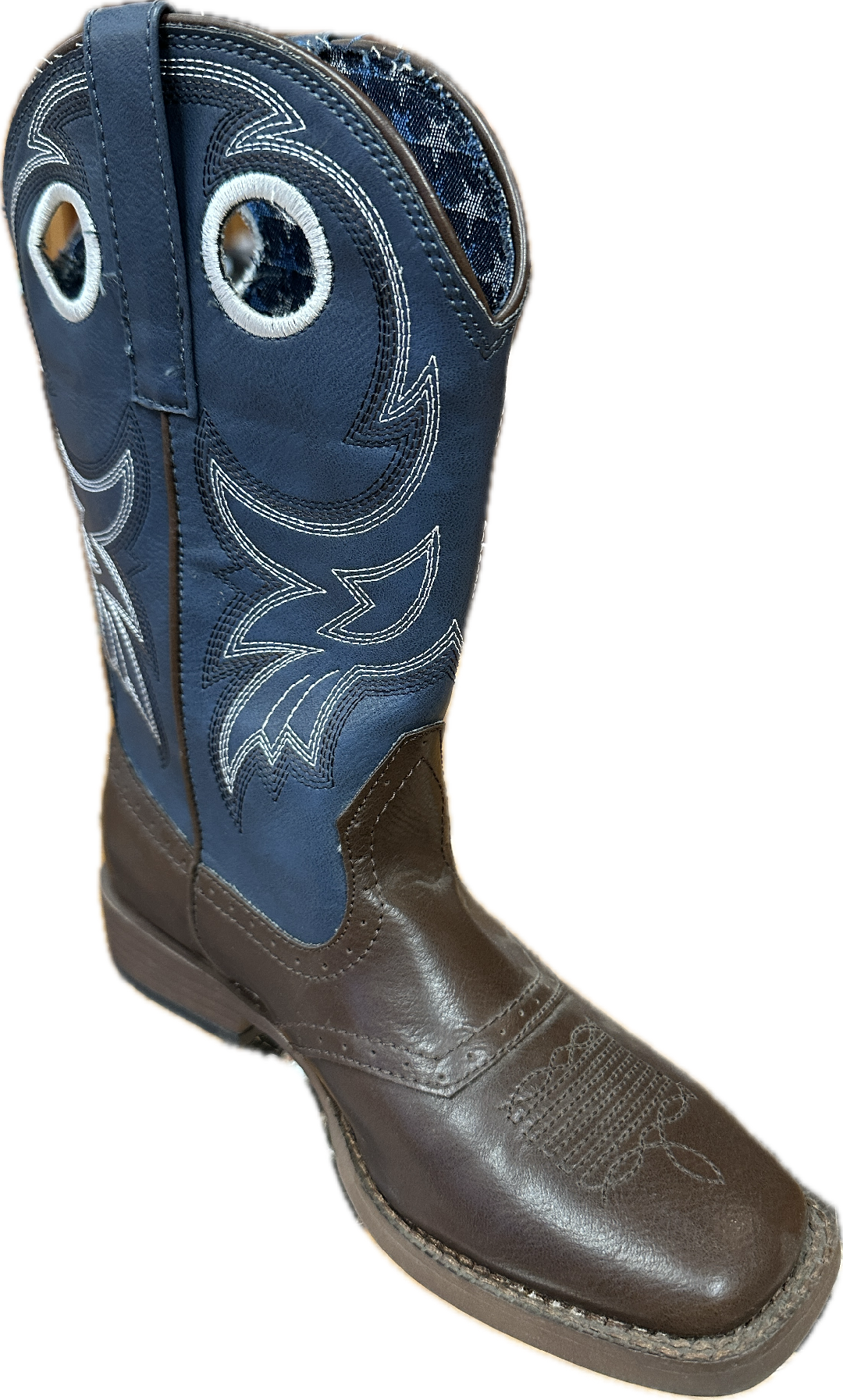 Roper Children's Brown Square Toe Boots with Blue Shaft with White Stitching