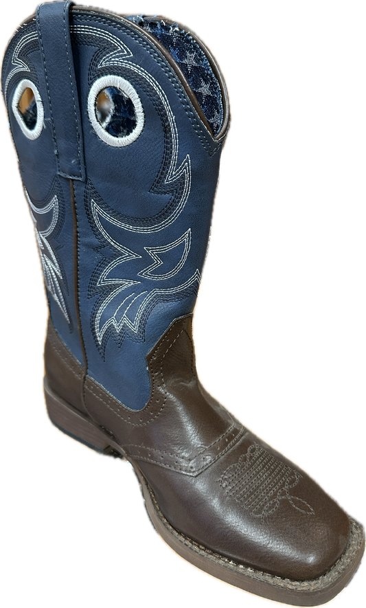 Roper Children's Brown Square Toe Boots with Blue Shaft with White Stitching