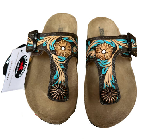 Challenger Western Floral Tooled Black Inlay Genuine Leather T-Bar Turquoise Sandals