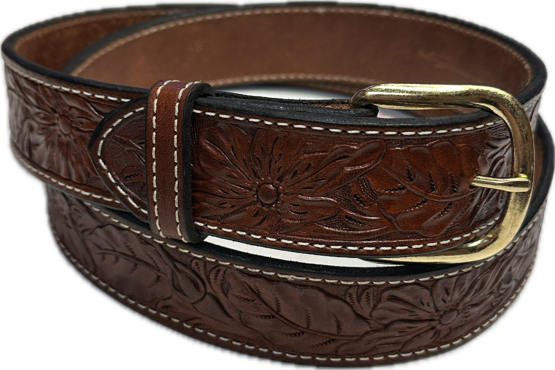 Visalia Medium Brown Wild Rose Patterned Belt 1 1/2"