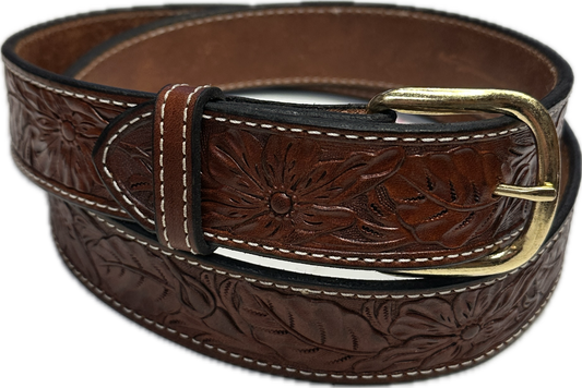 Visalia Medium Brown Wild Rose Patterned Belt 1 1/2"