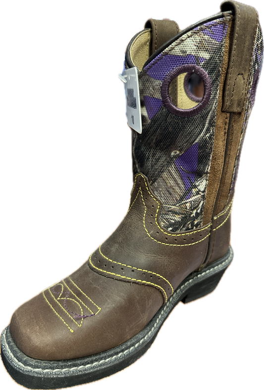 Smoky Mountain Brown Square Toe Boots with Purple Camo Top