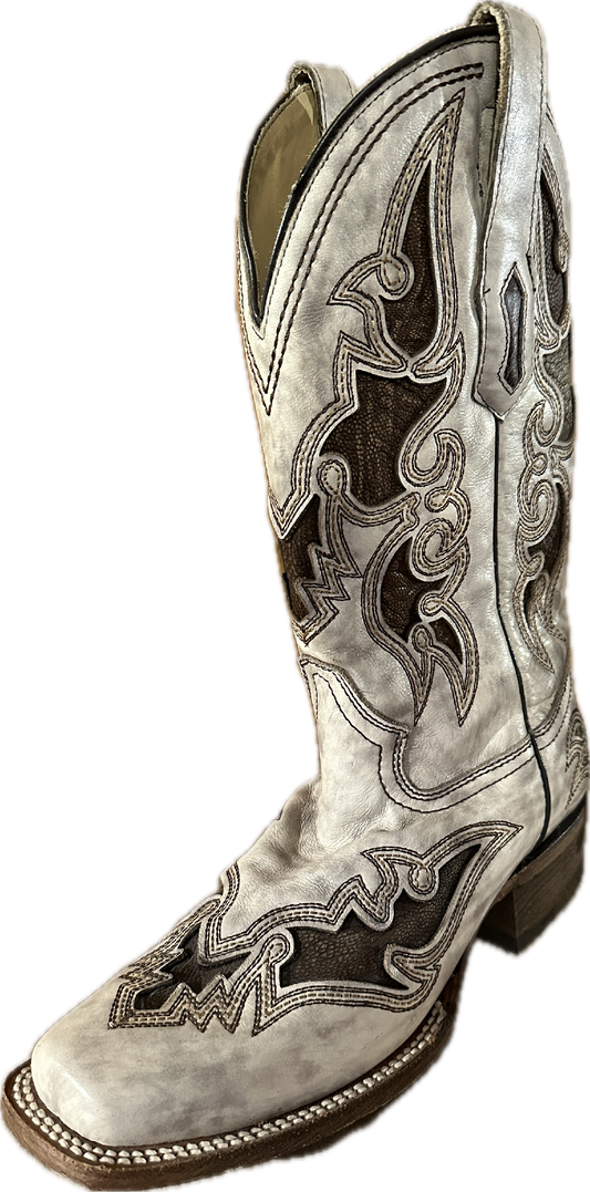 Corral Women's Square Toe, White with Brown Inlay Boots