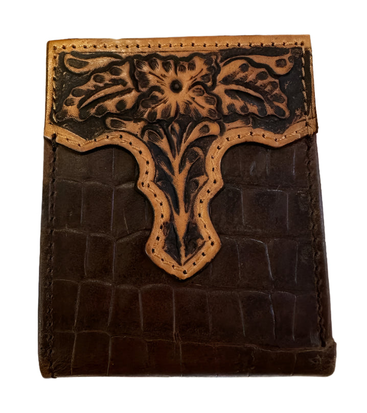 Challenger Brown Gator Antique Floral Tooled Leather Bi-Fold Wallet
