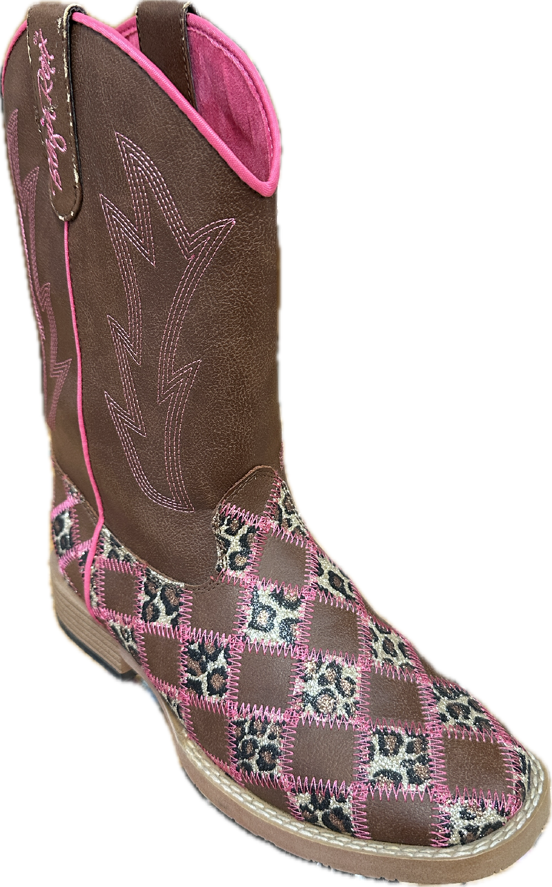 Blazin Roxx Girl's Pink & Cheetah Sparkle Checkered Square Toe Boots