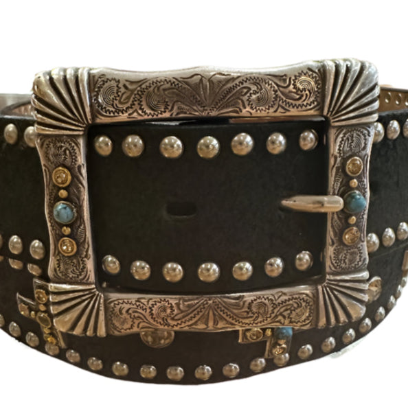 Nocona Belt - Black Leather Adorned with Crosses with Stones